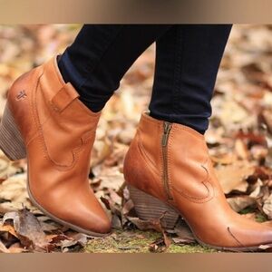 Frye Women's Cognac Leather Ankle Booties with Stacked Heel
